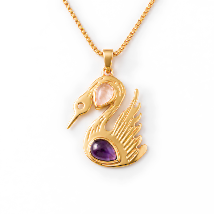 Batu's Lucky Swan Necklace | Amethyst & Rose Quartz